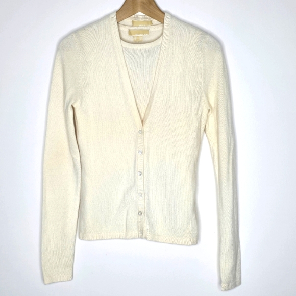 Cashmere Michael Kors Sweater Set Light Yellow Tank Top With Cardigan Size Small - Picture 1 of 16